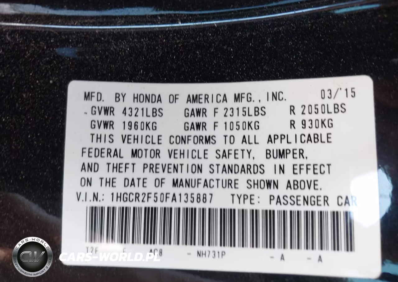 2015 Honda Accord Sport VIN:1HGCR2F50FA135887 - 9