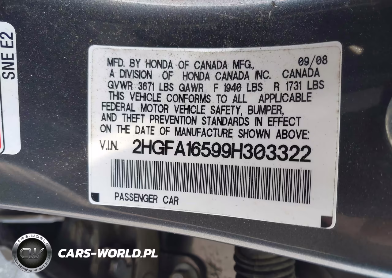 2009 Honda Civic Lx VIN:2HGFA16599H303322 - 9
