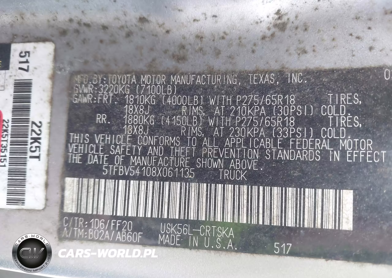 2008 Toyota Tundra Sr5 5.7L V8 VIN:5TFBV54108X061135 - 9