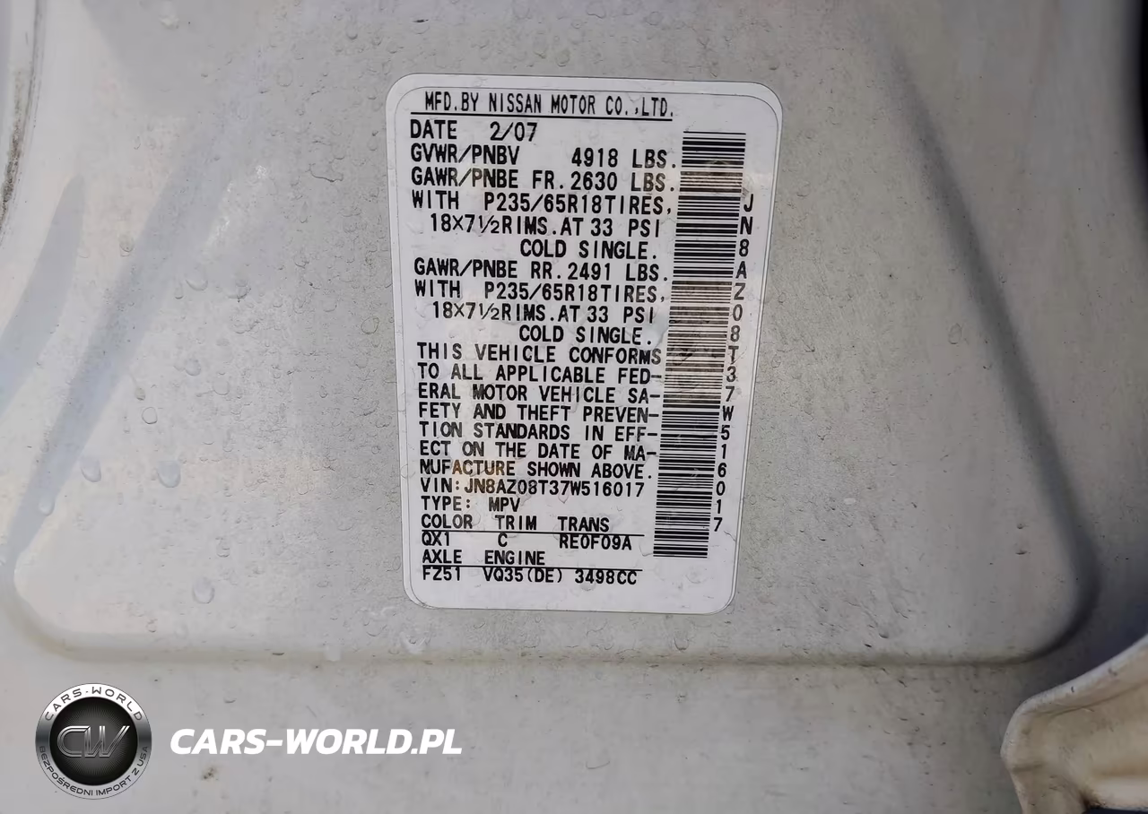2007 Nissan Murano Sl VIN:JN8AZ08T37W516017 - 9