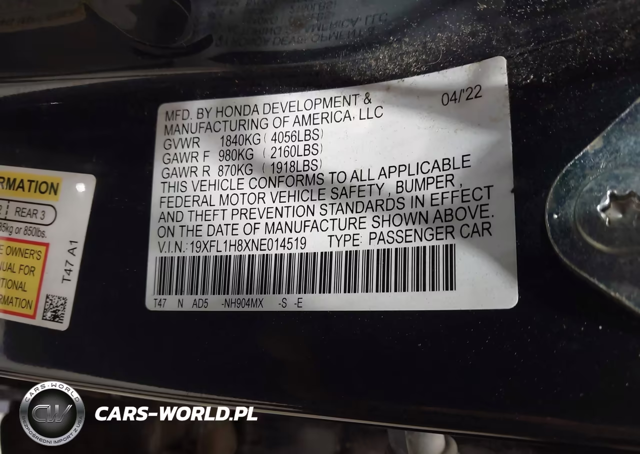 2022 Honda Civic Sport Touring VIN:19XFL1H8XNE014519 - 9