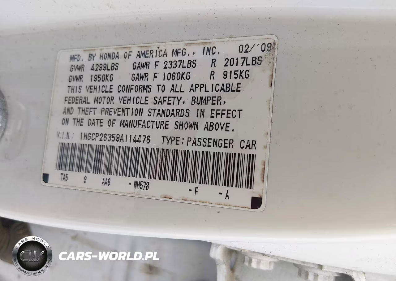 2009 Honda Accord 2.4 Lx VIN:1HGCP26359A114476 - 9