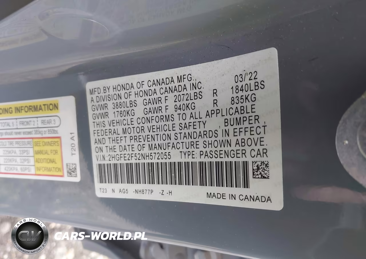 2022 Honda Civic Sport VIN:2HGFE2F52NH572055 - 9