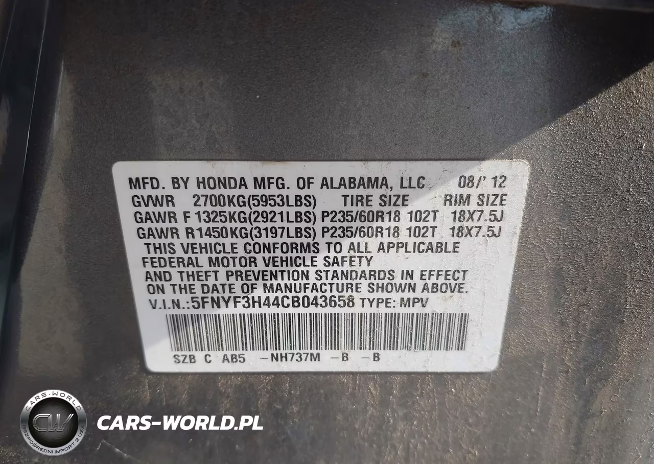 2012 Honda Pilot Ex VIN:5FNYF3H44CB043658 - 9