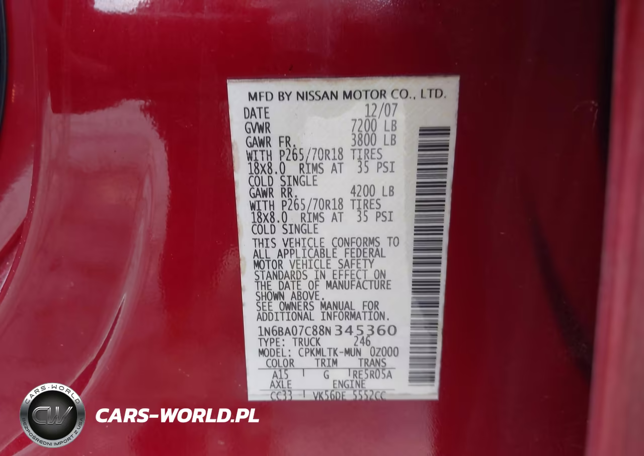 2008 Nissan Titan Xe VIN:1N6BA07C88N345360 - 9