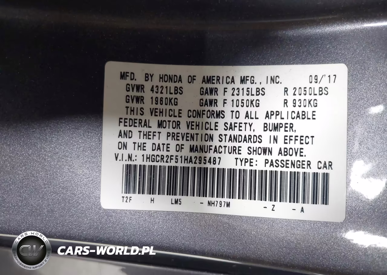 2017 Honda Accord Sport VIN:1HGCR2F51HA295487 - 9