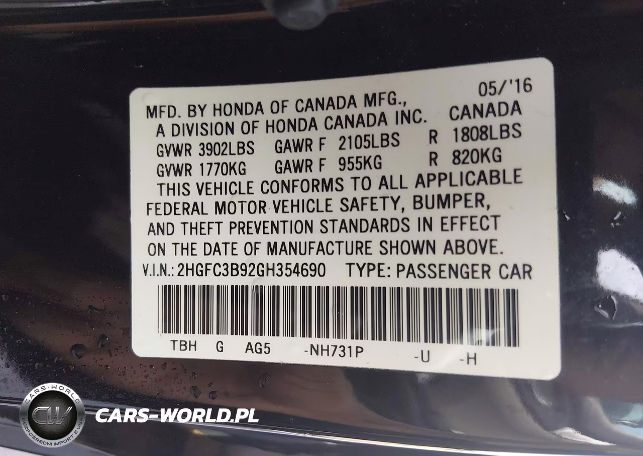 2016 Honda Civic Touring VIN:2HGFC3B92GH354690 - 9