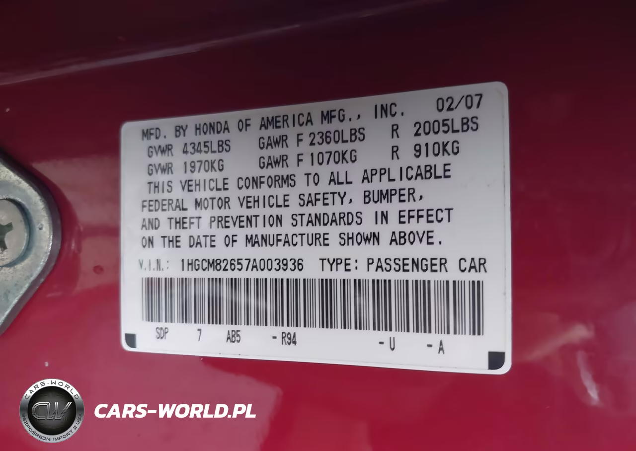 2007 Honda Accord 3.0 Ex VIN:1HGCM82657A003936 - 9