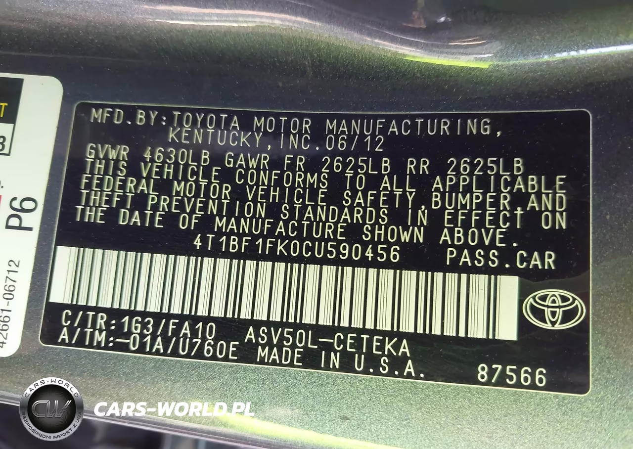 2012 Toyota Camry L VIN:4T1BF1FK0CU590456 - 9