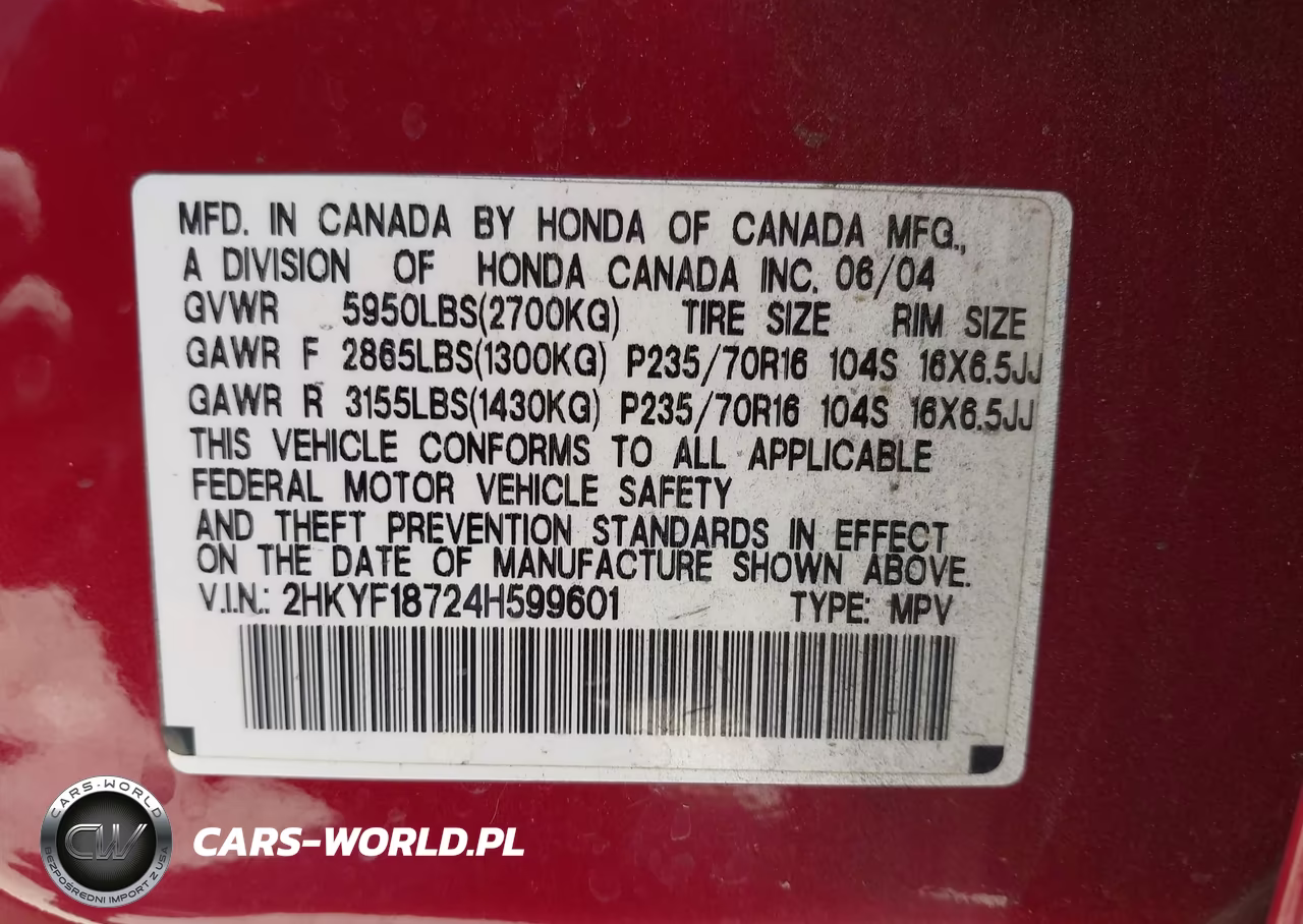 2004 Honda Pilot Ex-L VIN:2HKYF18724H599601 - 9