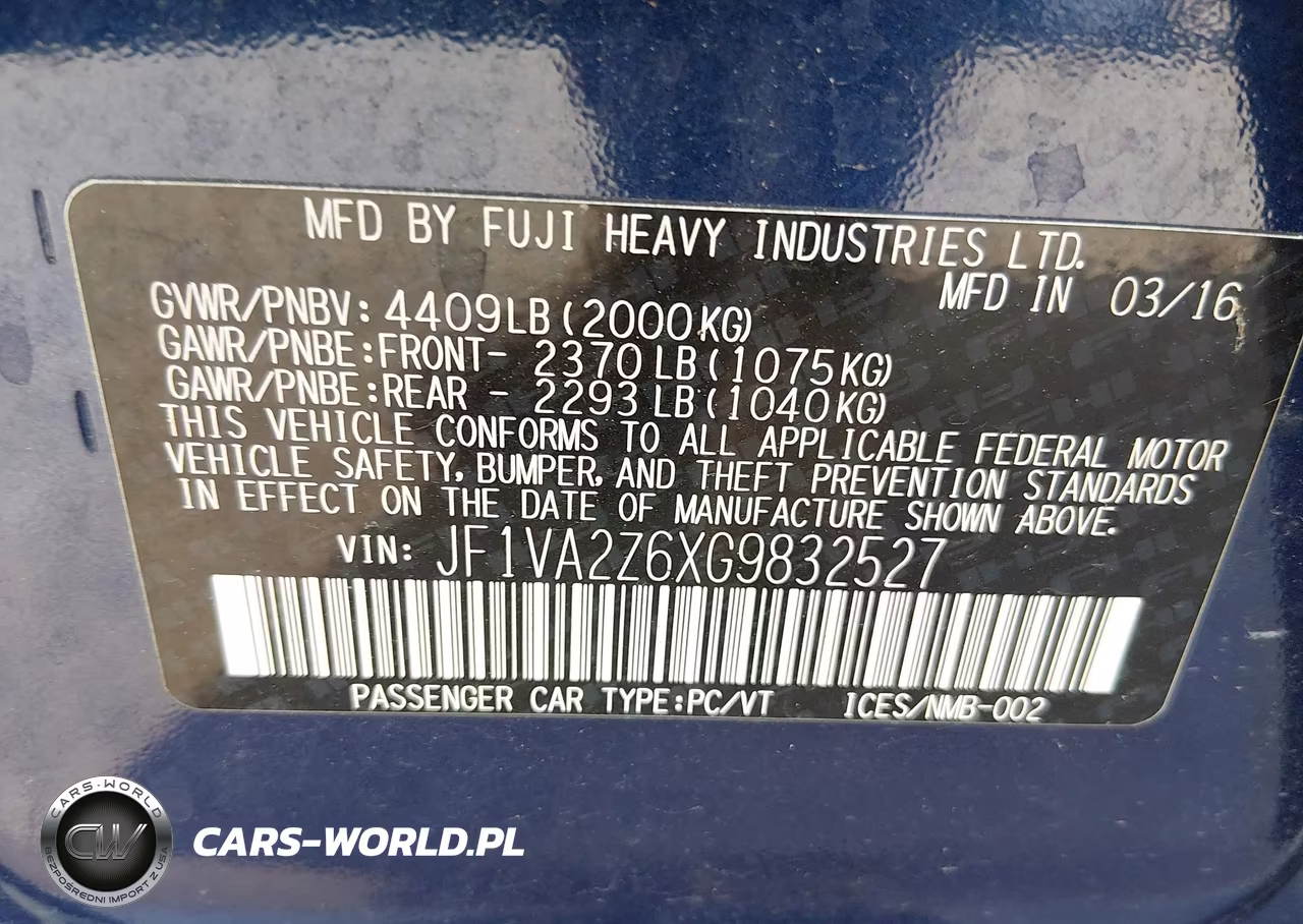 2016 Subaru Wrx Sti Limited VIN:JF1VA2Z6XG9832527 - 9