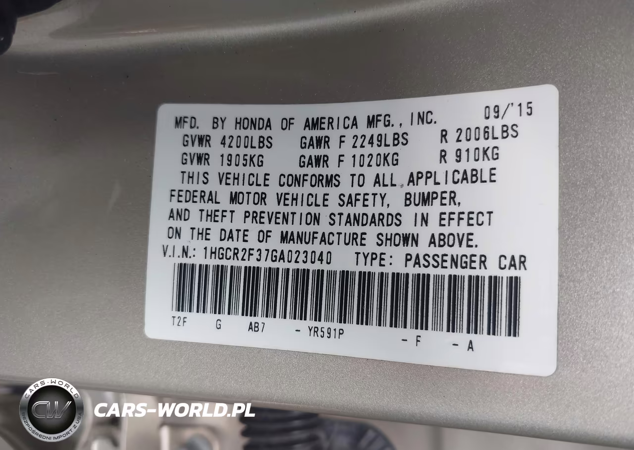 2016 Honda Accord Lx VIN:1HGCR2F37GA023040 - 9