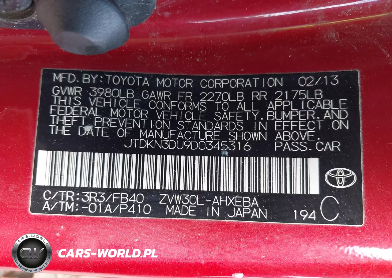 2013 Toyota Prius Two VIN:JTDKN3DU9D0345316 - 9