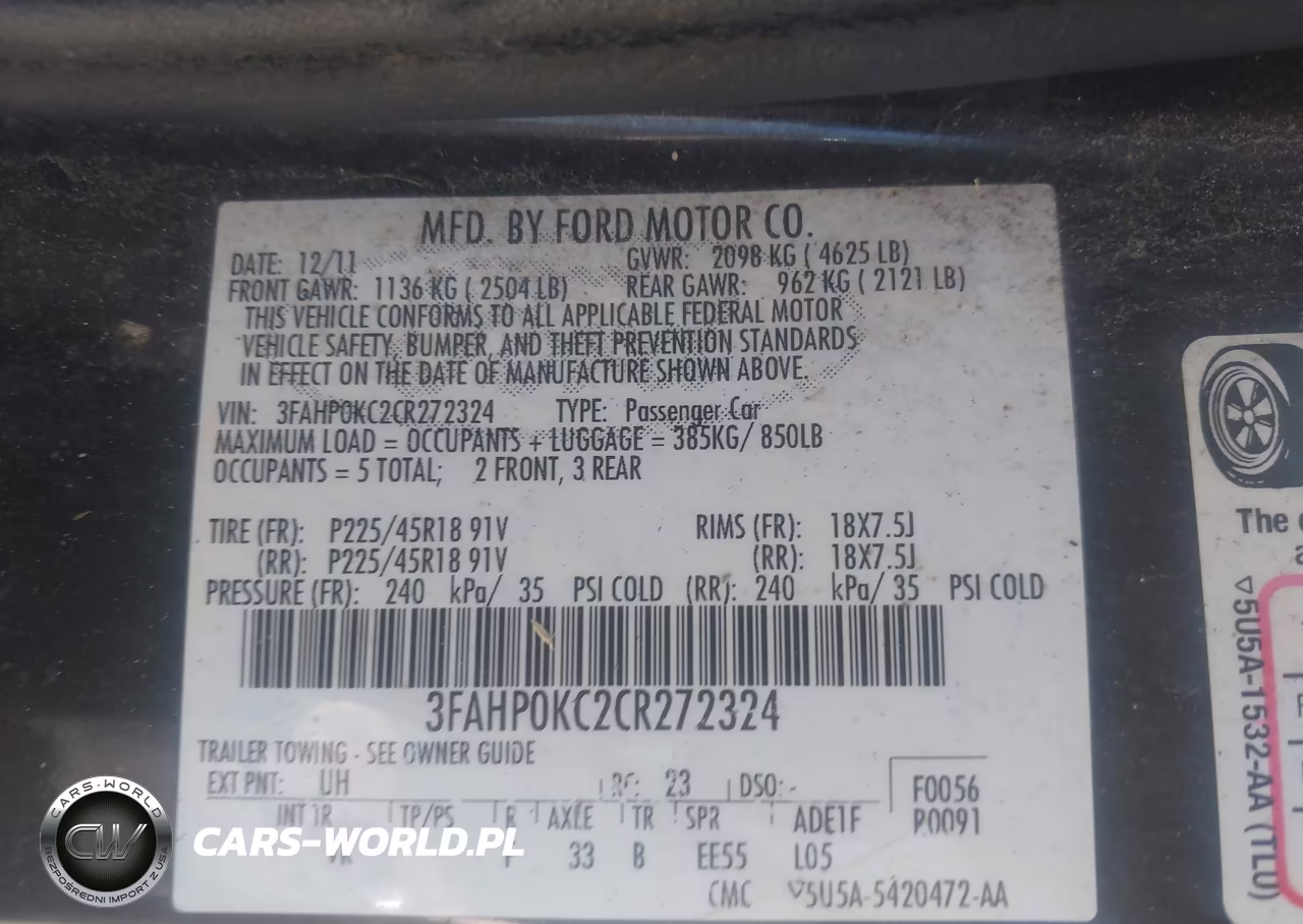 2012 Ford Fusion Sport VIN:3FAHP0KC2CR272324 - 9