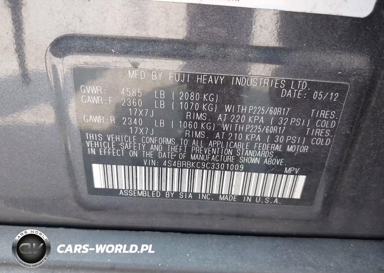 2012 Subaru Outback 2.5I Limited VIN:4S4BRBKC9C3301009 - 9