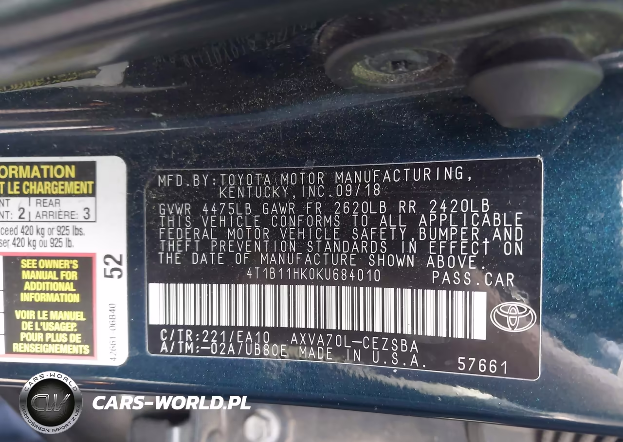 2019 Toyota Camry Se VIN:4T1B11HK0KU684010 - 9