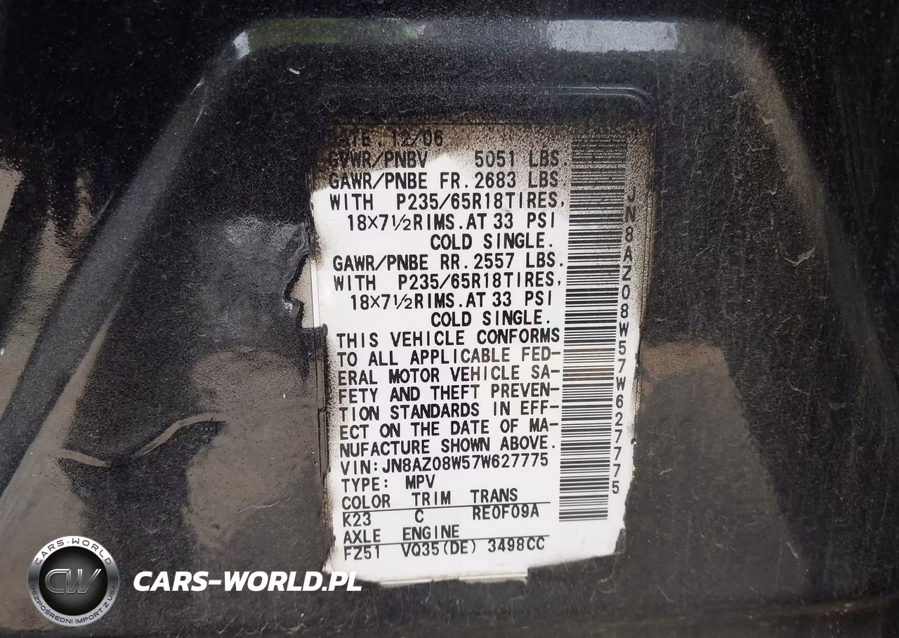 2007 Nissan Murano Sl VIN:JN8AZ08W57W627775 - 9