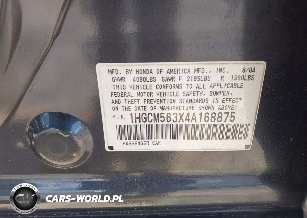 2004 Honda Accord 2.4 Lx VIN:1HGCM563X4A168875 - 9