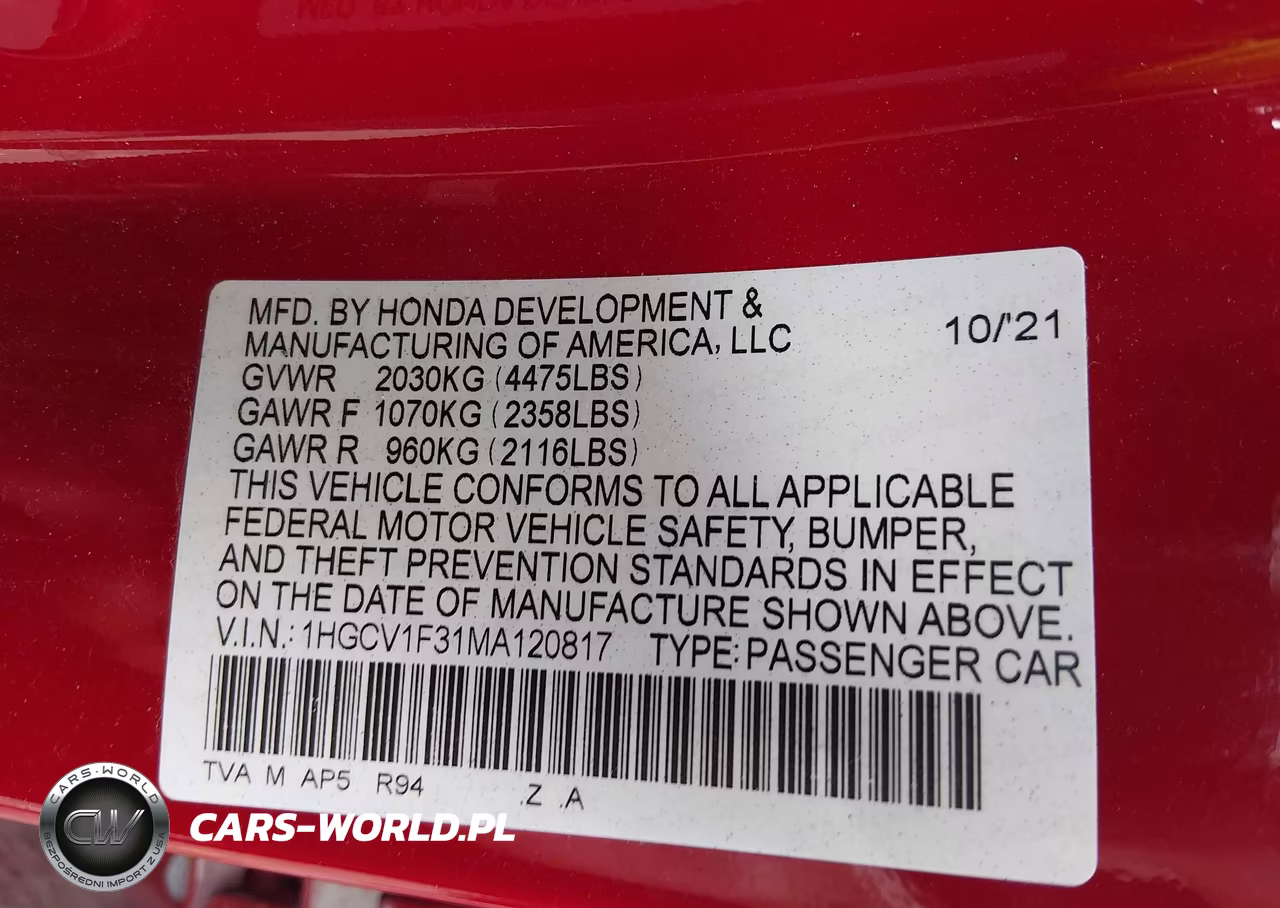 2021 Honda Accord Sport VIN:1HGCV1F31MA120817 - 9