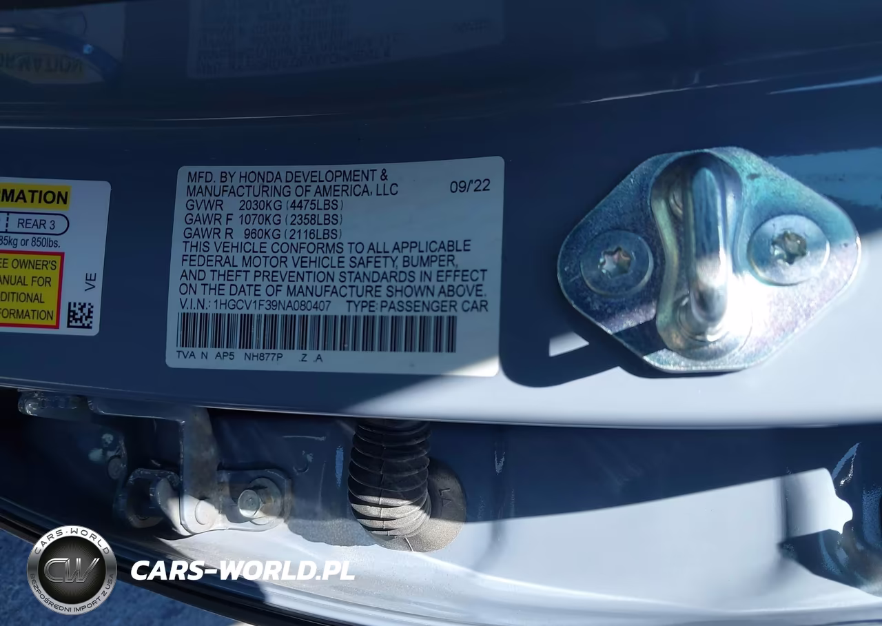 2022 Honda Accord Sport VIN:1HGCV1F39NA080407 - 9