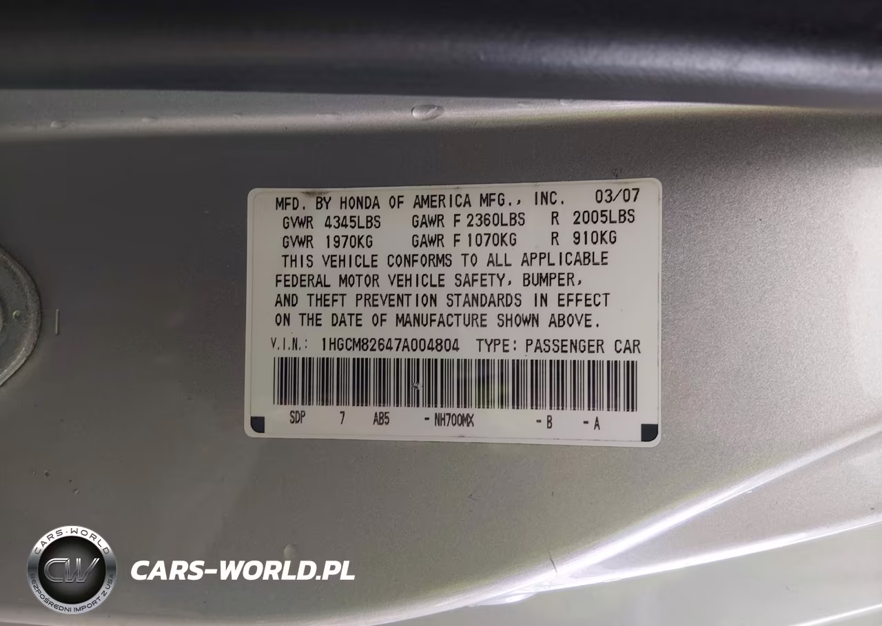 2007 Honda Accord 3.0 Ex VIN:1HGCM82647A004804 - 9
