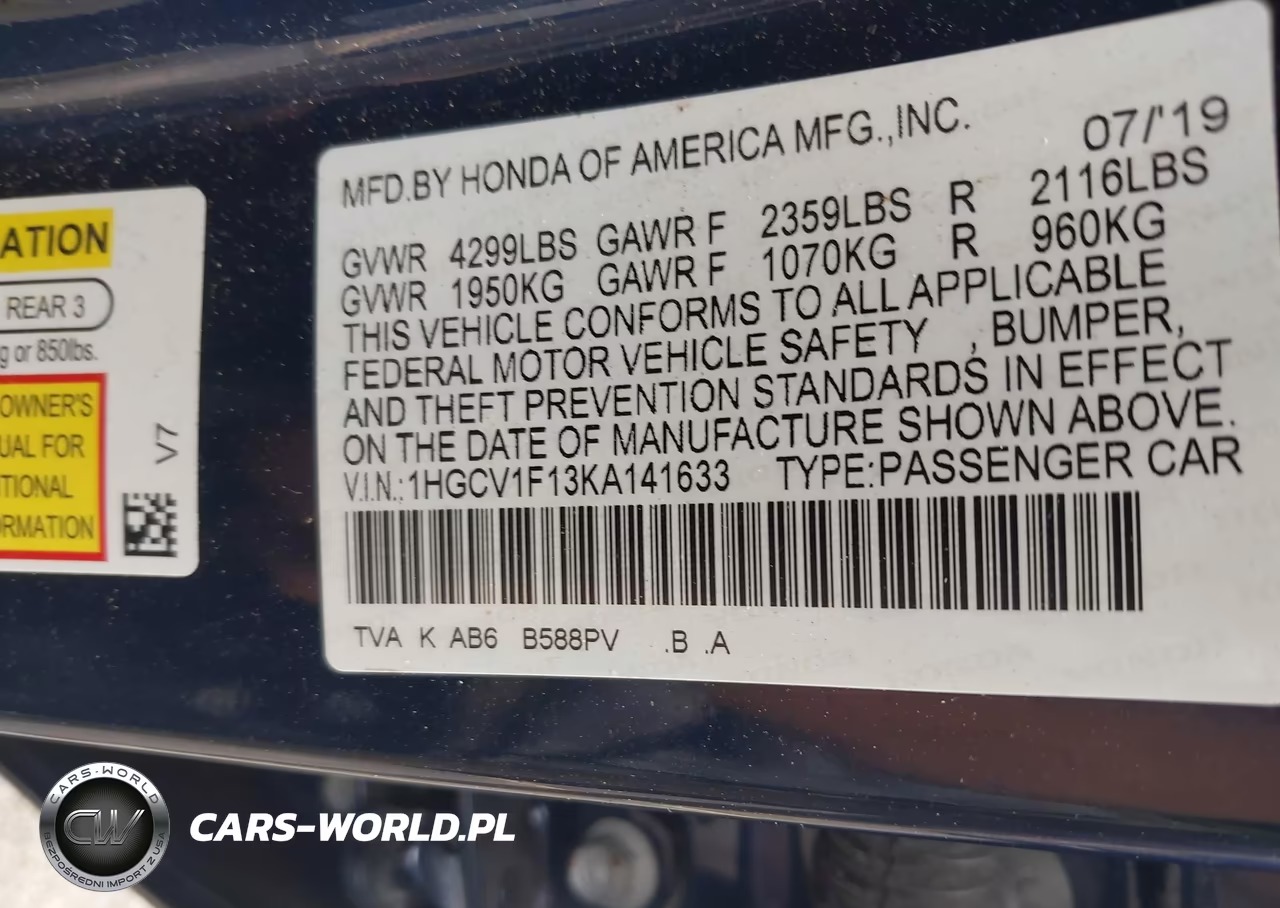 2019 Honda Accord Lx VIN:1HGCV1F13KA141633 - 9