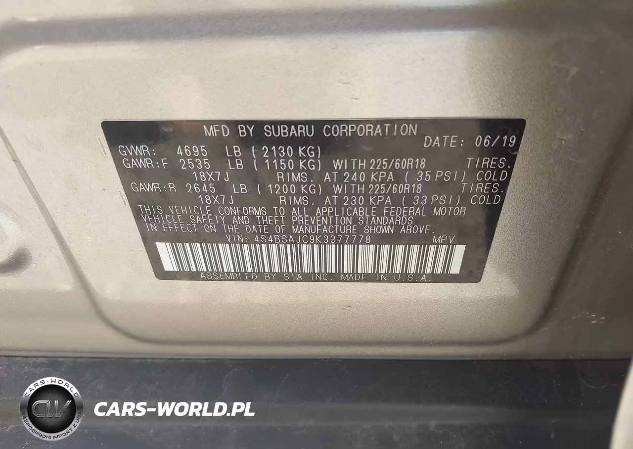 2019 Subaru Outback 2.5I Limited VIN:4S4BSAJC9K3377778 - 9