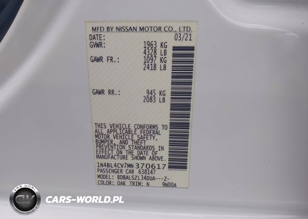 2021 Nissan Altima Sr Fwd VIN:1N4BL4CV7MN370617 - 9