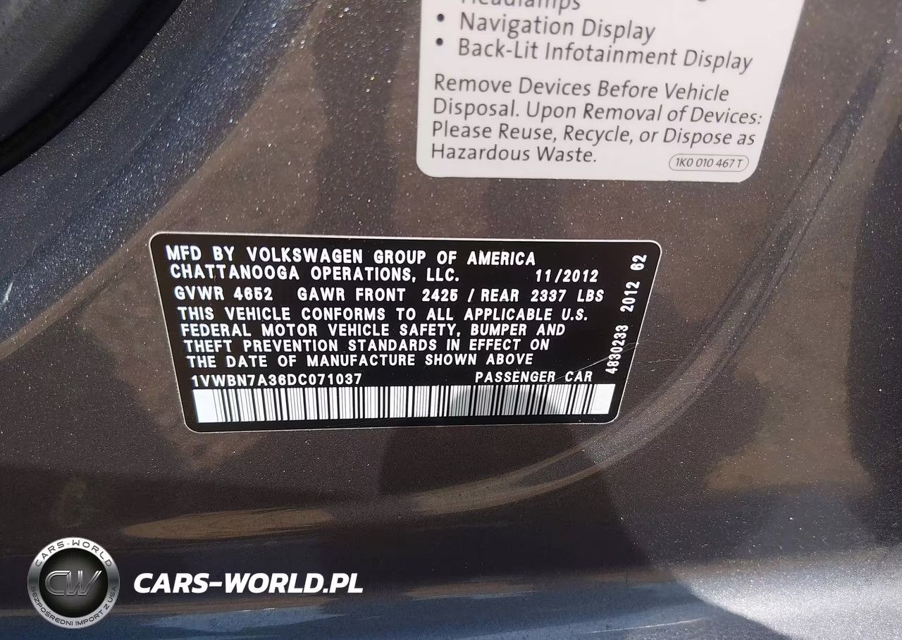 2013 Volkswagen Passat VIN:1VWBN7A36DC071037 - 9