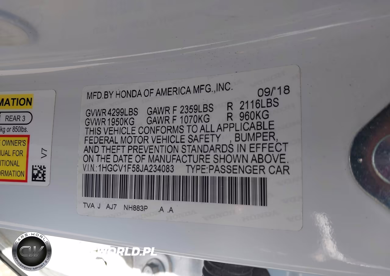 2018 Honda Accord Ex-L VIN:1HGCV1F58JA234083 - 9