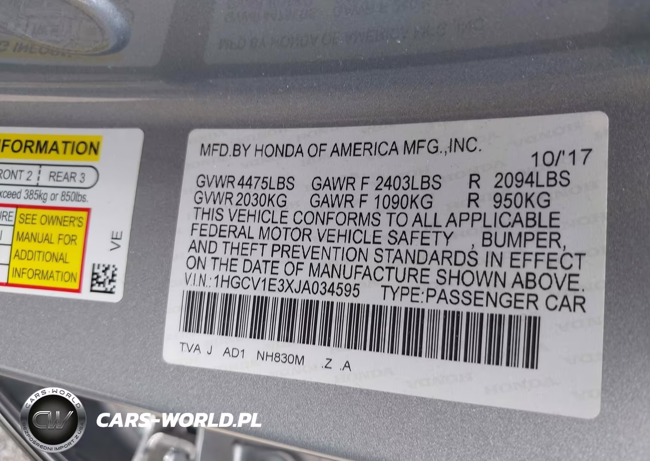 2018 Honda Accord Sport VIN:1HGCV1E3XJA034595 - 9