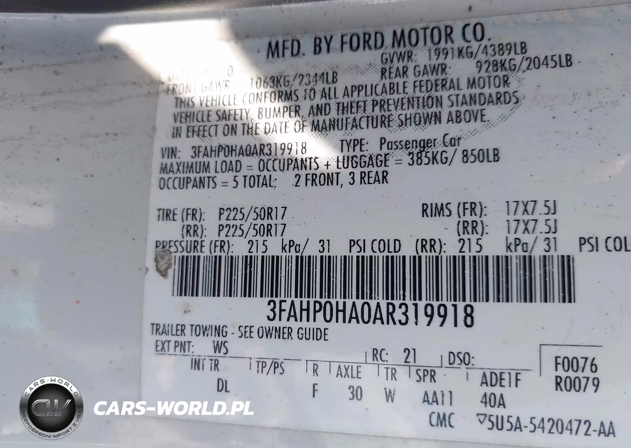 2010 Ford Fusion Se VIN:3FAHP0HA0AR319918 - 9