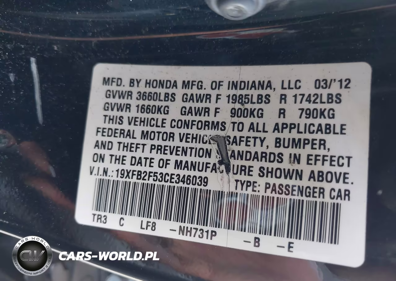 2012 Honda Civic Lx VIN:19XFB2F53CE346039 - 9