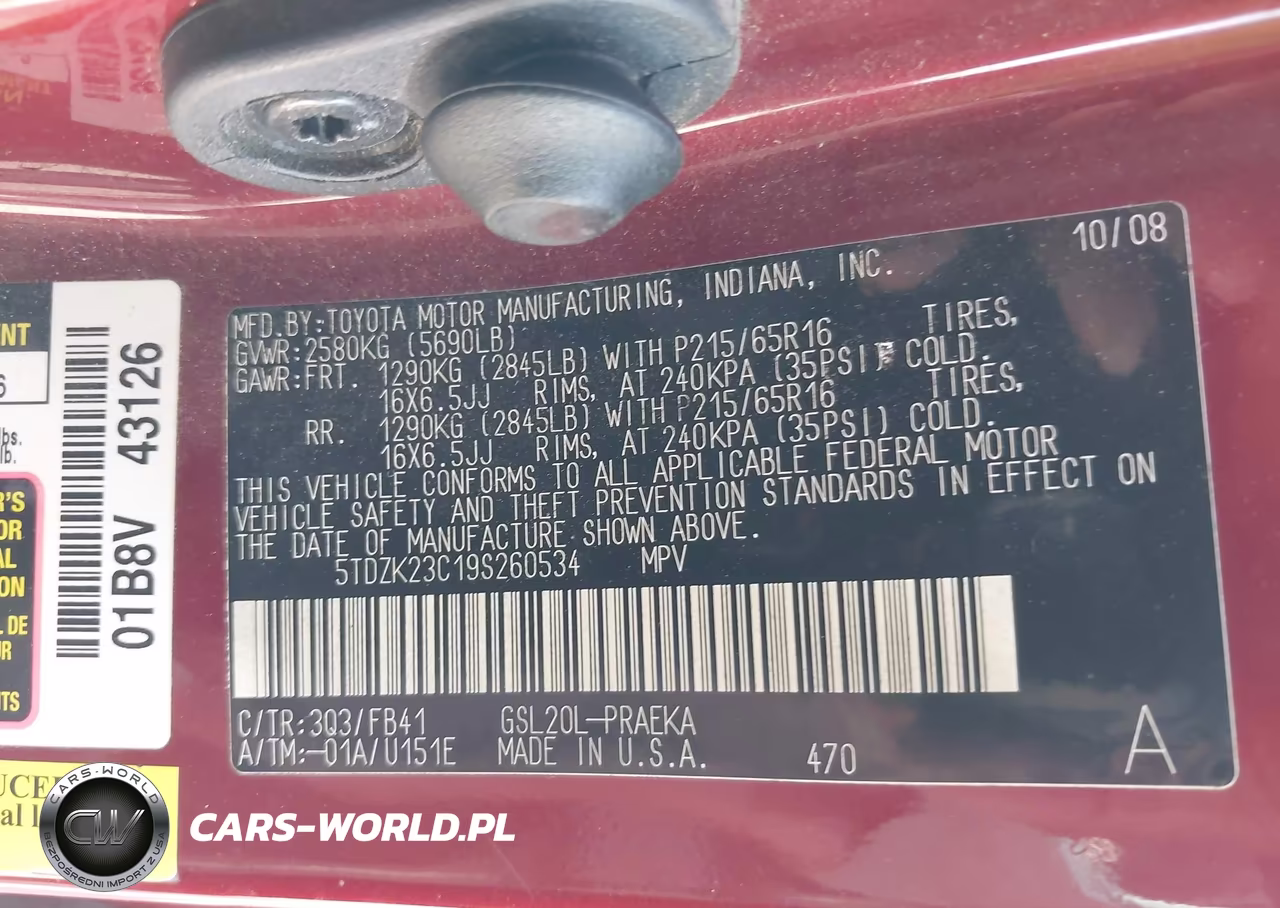 2009 Toyota Sienna Ce VIN:5TDZK23C19S260534 - 9