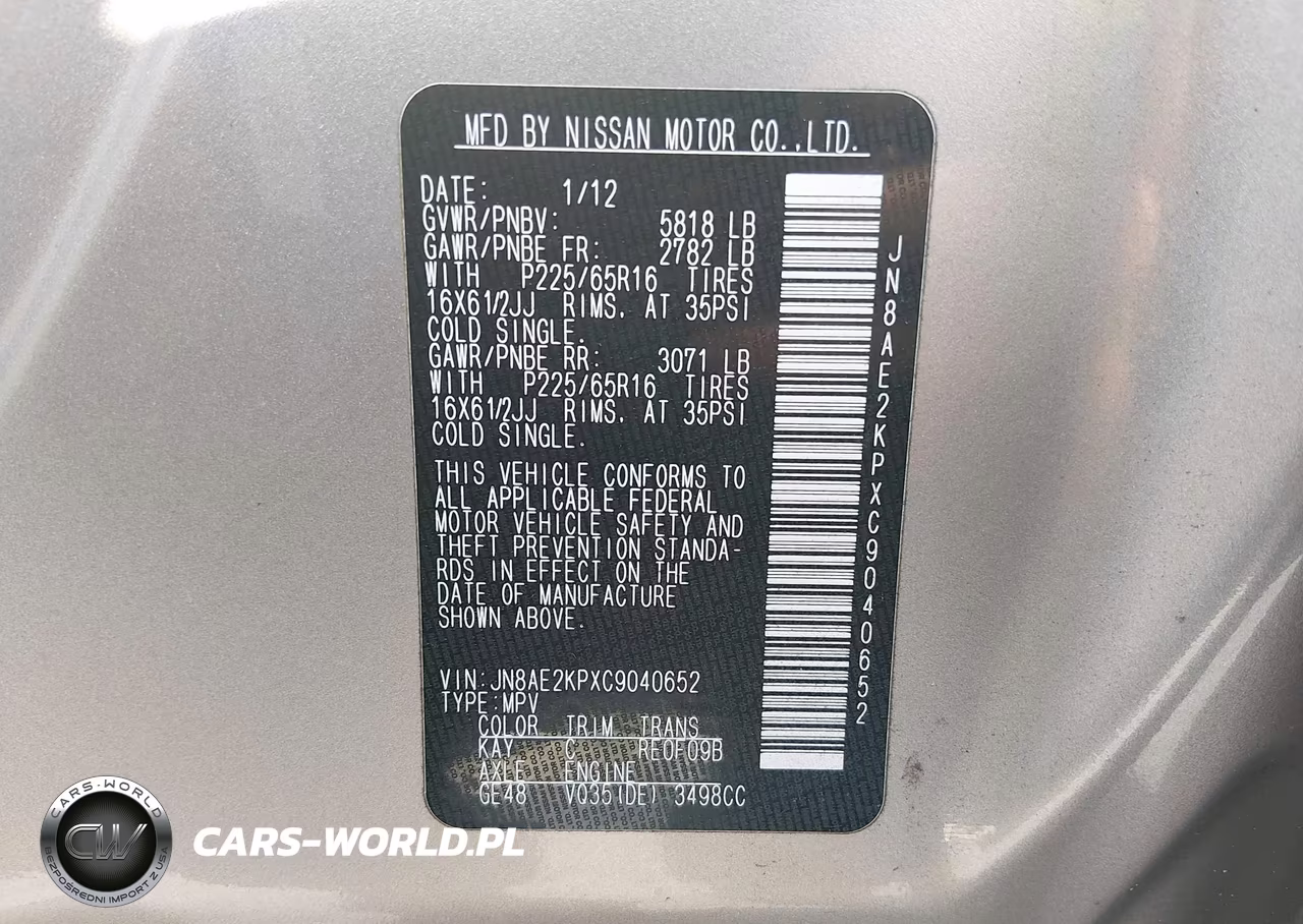 2012 Nissan Quest S VIN:JN8AE2KPXC9040652 - 9