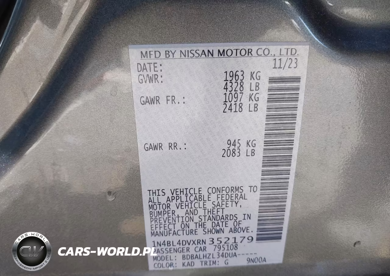 2024 Nissan Altima Sv Fwd VIN:1N4BL4DVXRN352179 - 9