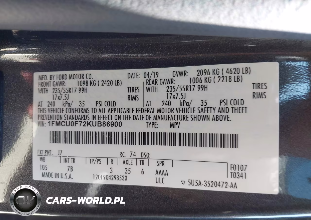 2019 Ford Escape S VIN:1FMCU0F72KUB86900 - 9