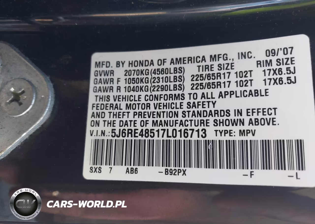 2007 Honda Cr-V Ex VIN:5J6RE48517L016713 - 9
