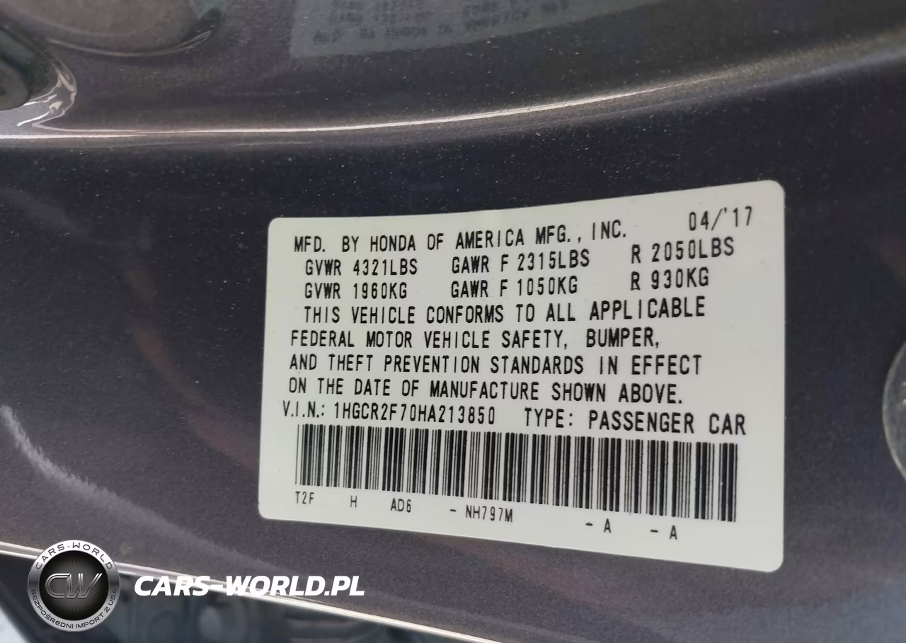2017 Honda Accord Ex VIN:1HGCR2F70HA213850 - 9