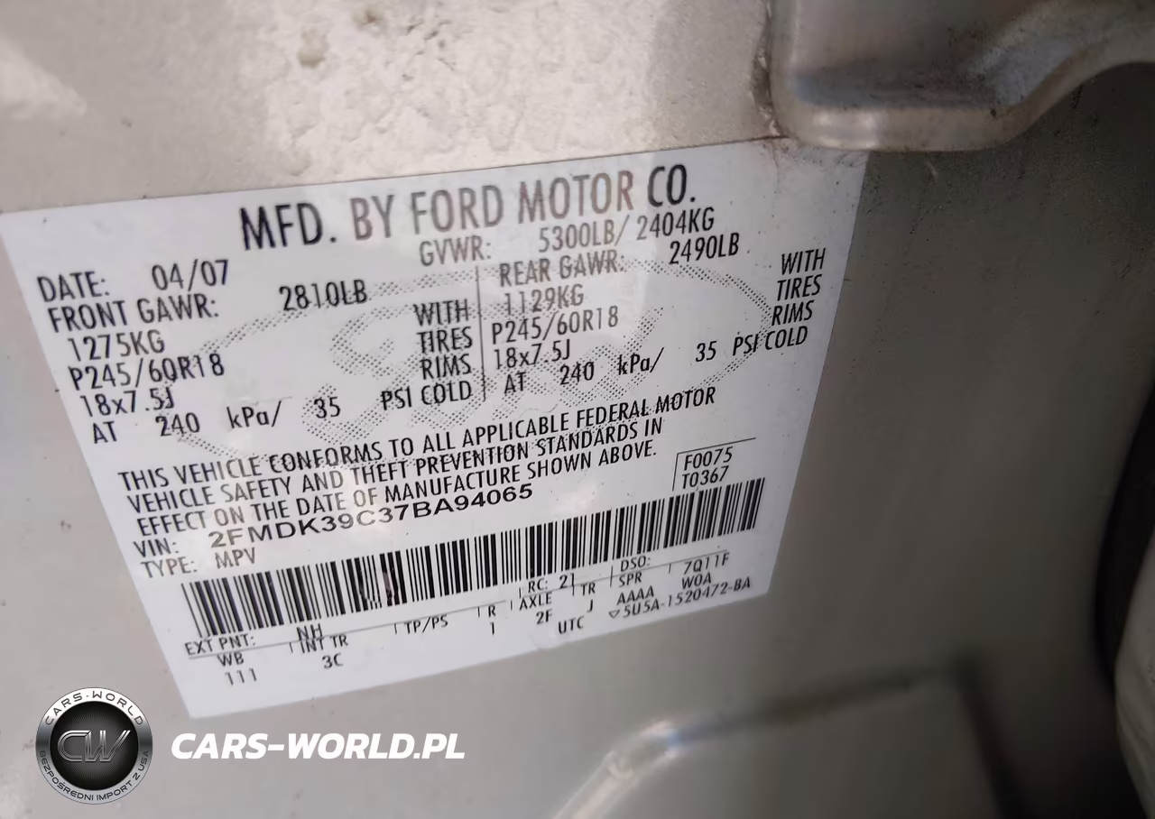2007 Ford Edge Sel Plus VIN:2FMDK39C37BA94065 - 9