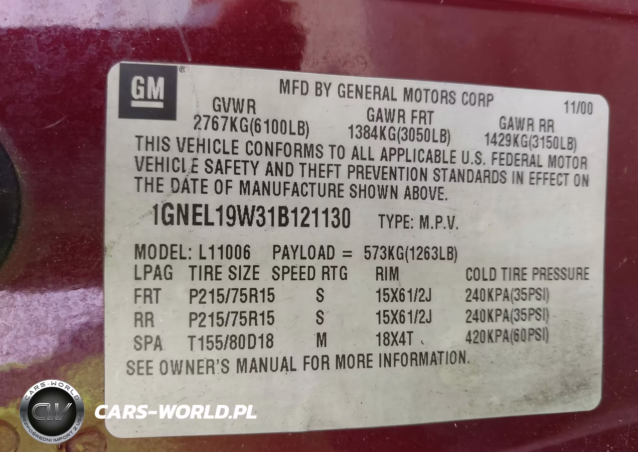2001 Chevrolet Astro Ls VIN:1GNEL19W31B121130 - 9