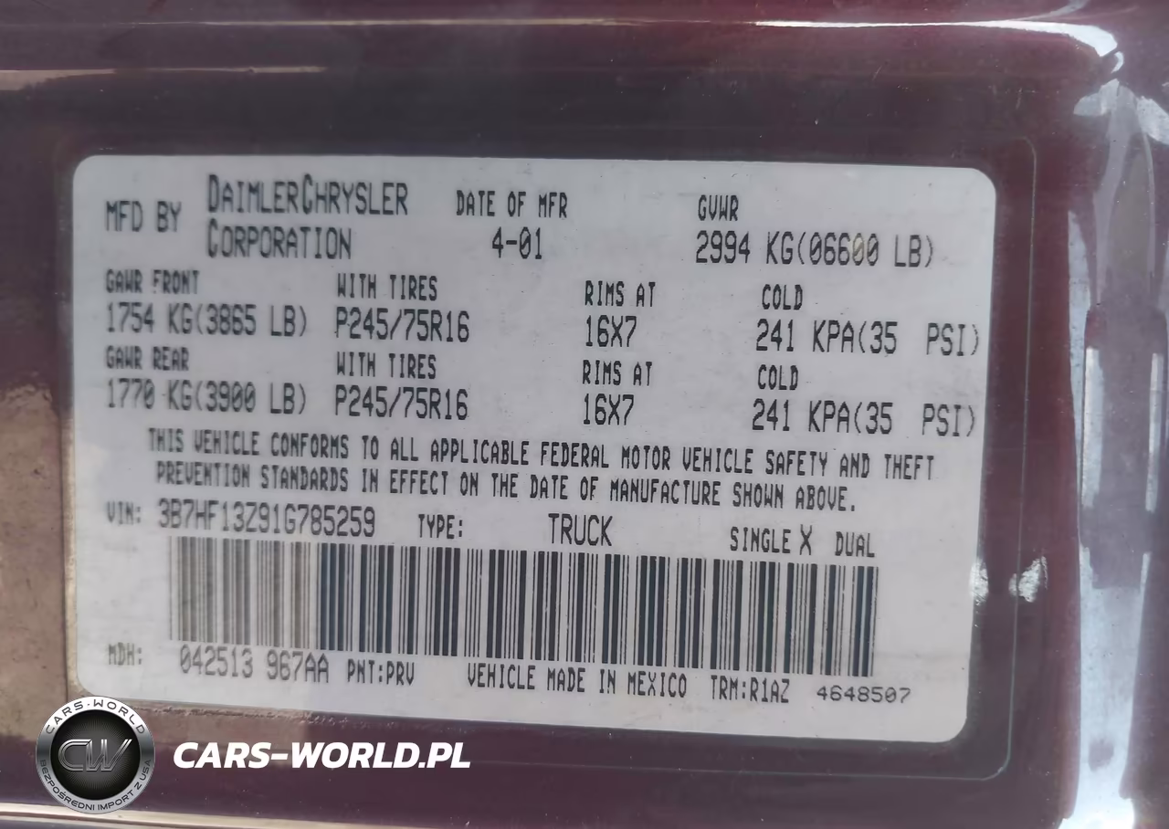 2001 Dodge Ram 1500 St VIN:3B7HF13Z91G785259 - 9