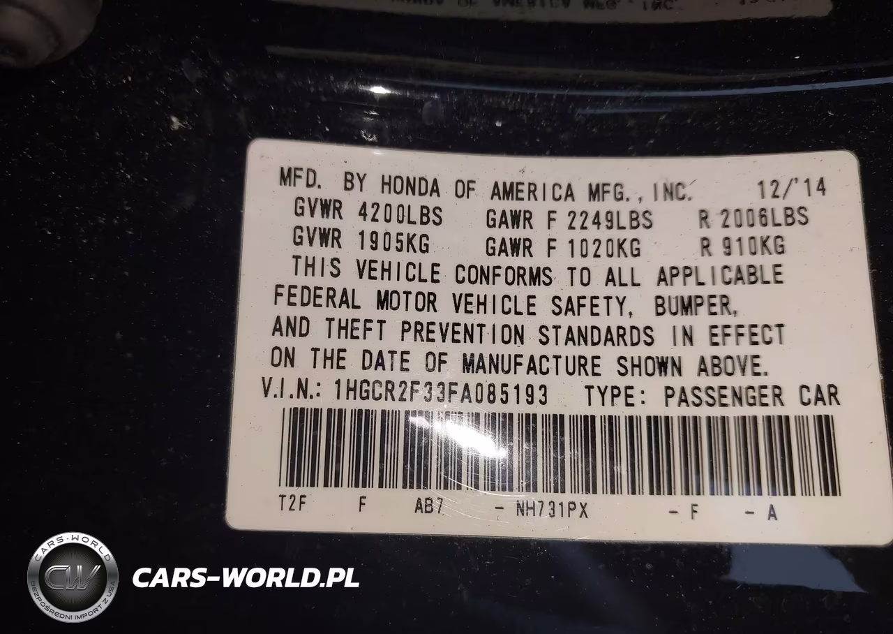 2015 Honda Accord Lx VIN:1HGCR2F33FA085193 - 9