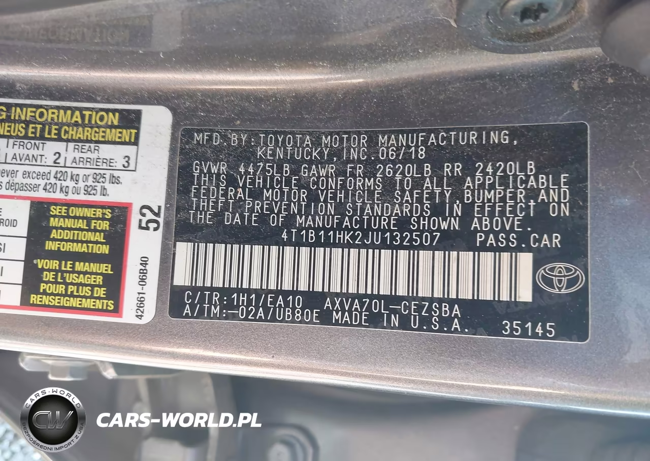 2018 Toyota Camry Se VIN:4T1B11HK2JU132507 - 9
