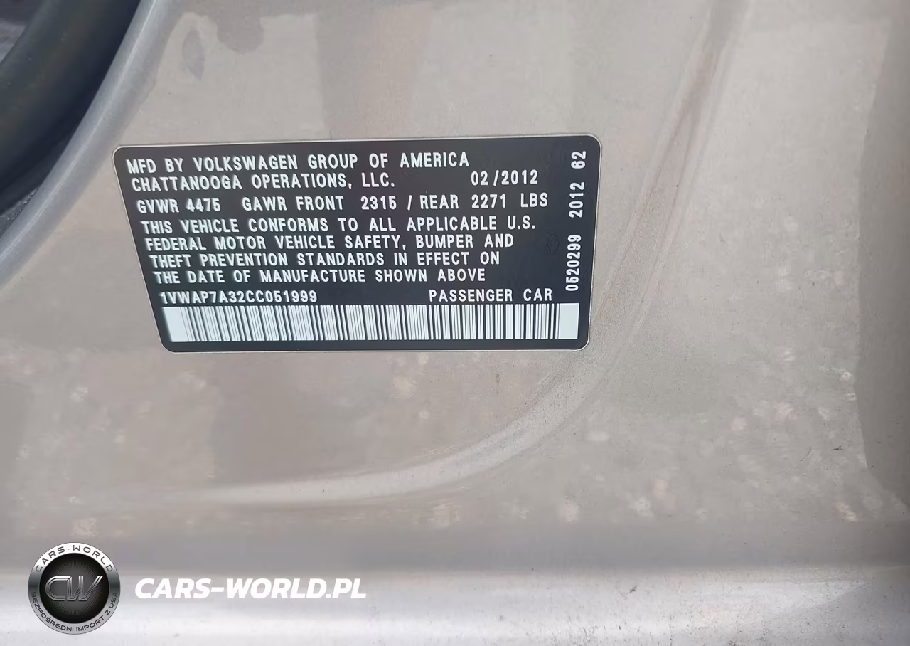 2012 Volkswagen Passat S VIN:1VWAP7A32CC051999 - 9