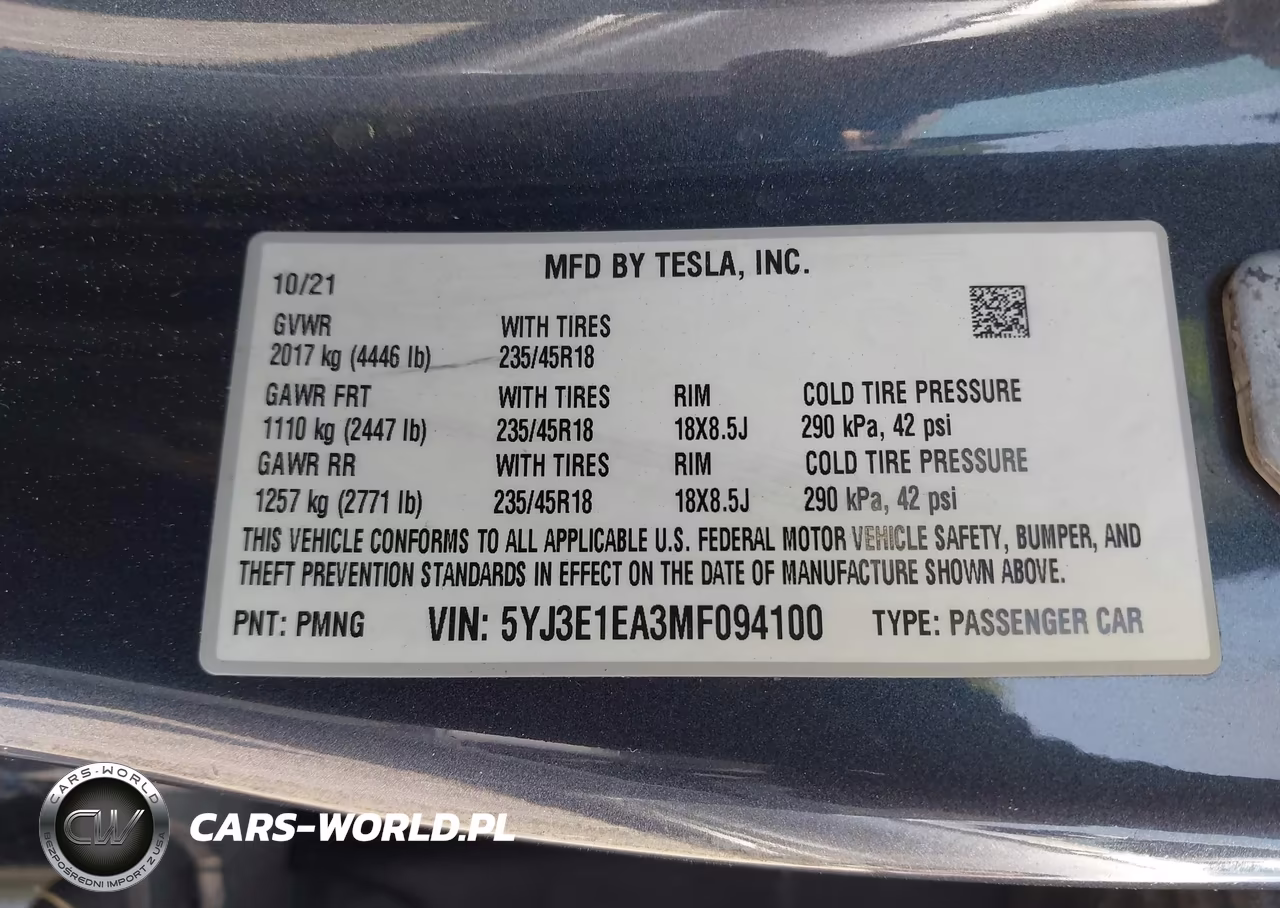 2021 Tesla Model 3 Standard Range Plus Rear-Wheel Drive VIN:5YJ3E1EA3MF094100 - 9