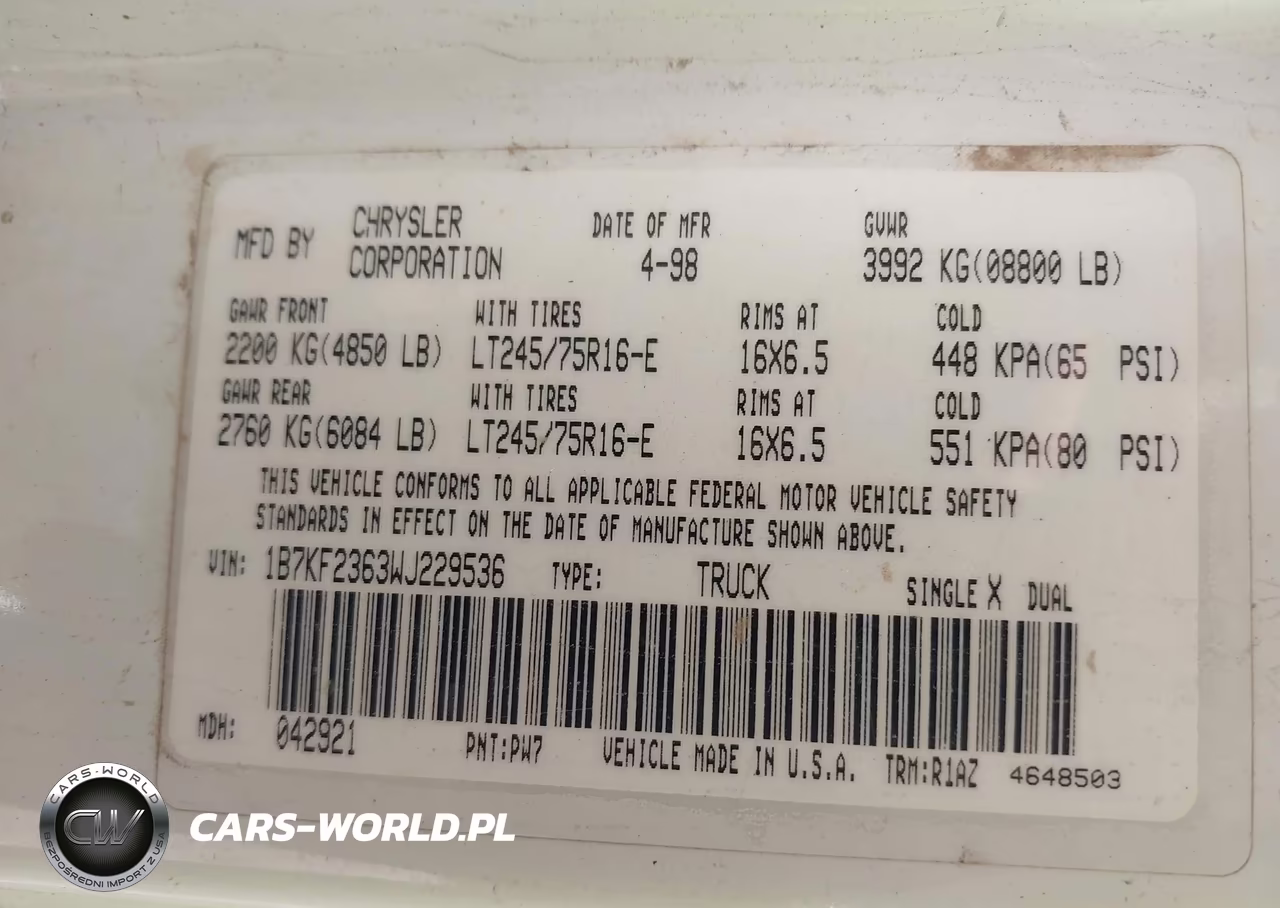1998 Dodge Ram 2500 St VIN:1B7KF2363WJ229536 - 9