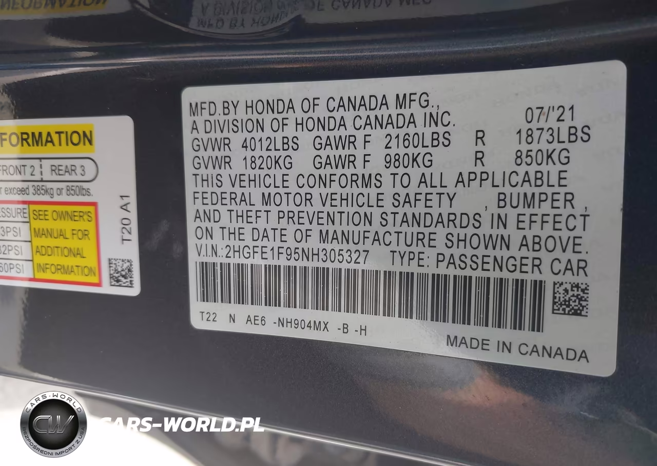 2022 Honda Civic Touring VIN:2HGFE1F95NH305327 - 9