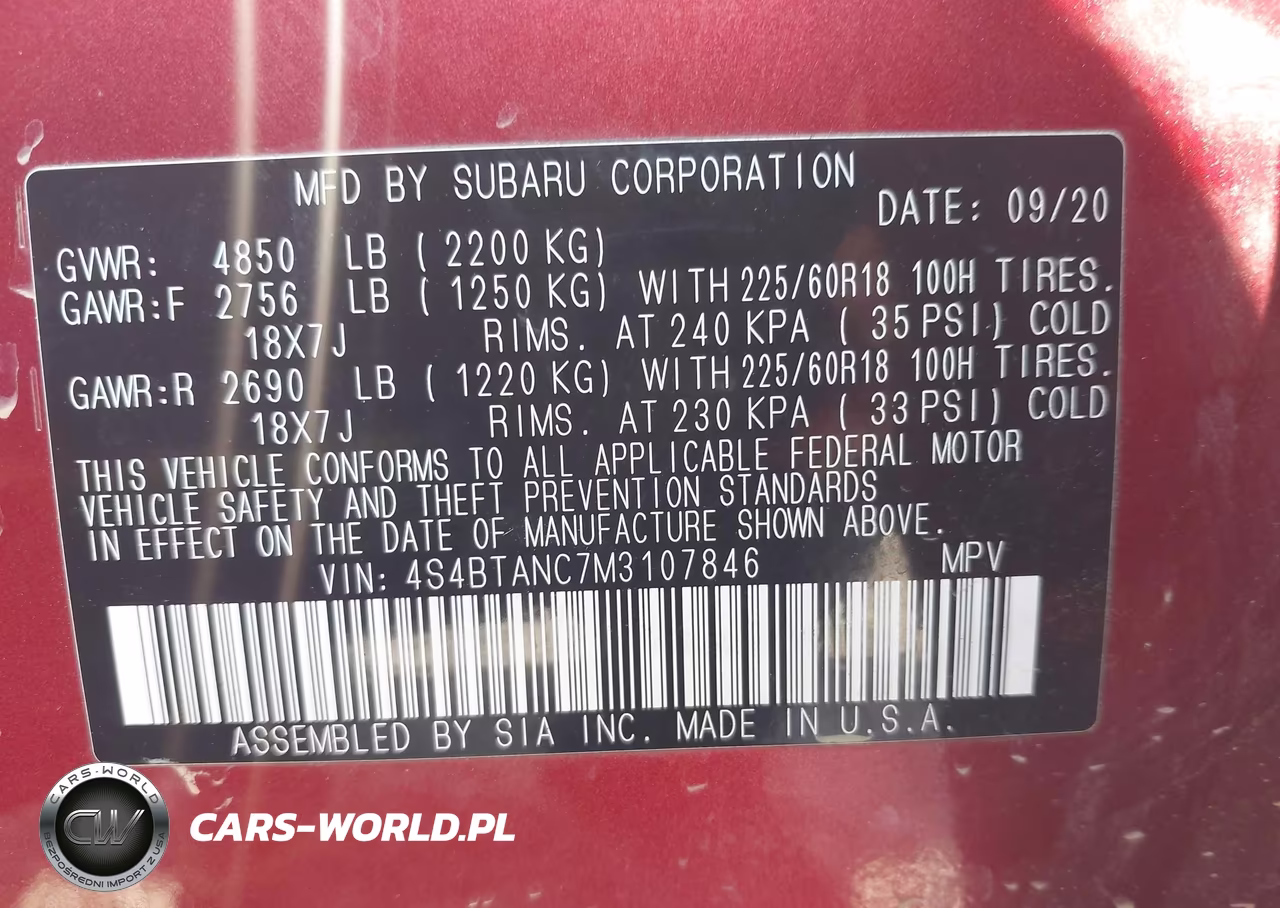 2021 Subaru Outback Limited VIN:4S4BTANC7M3107846 - 9