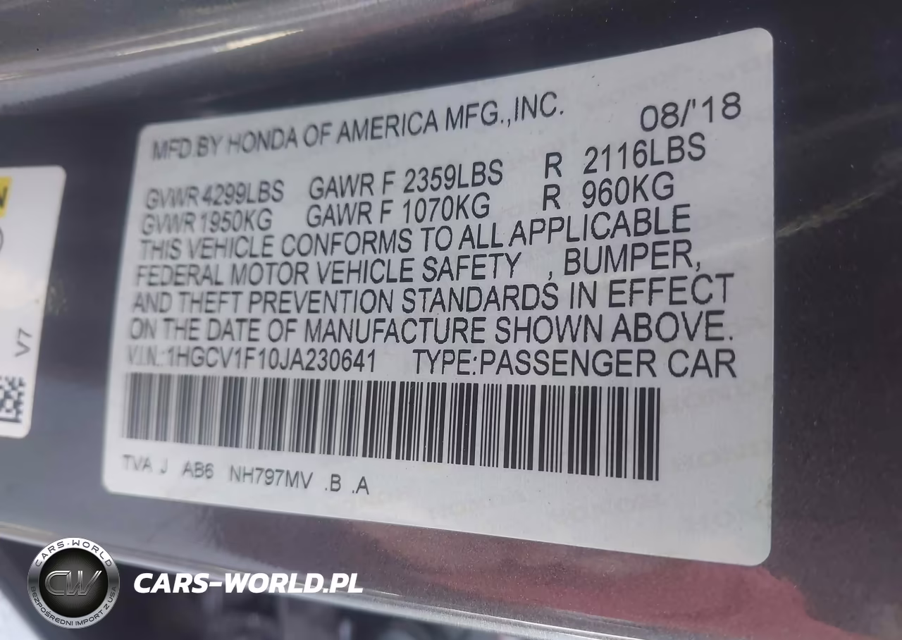 2018 Honda Accord Lx VIN:1HGCV1F10JA230641 - 9